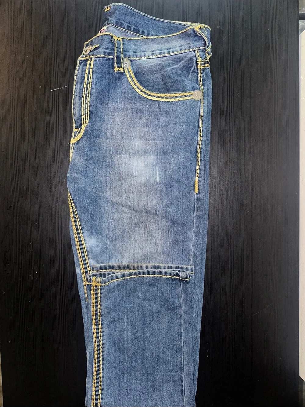 True Religion Men's Blue Jeans with Yellow Contrast Stitching